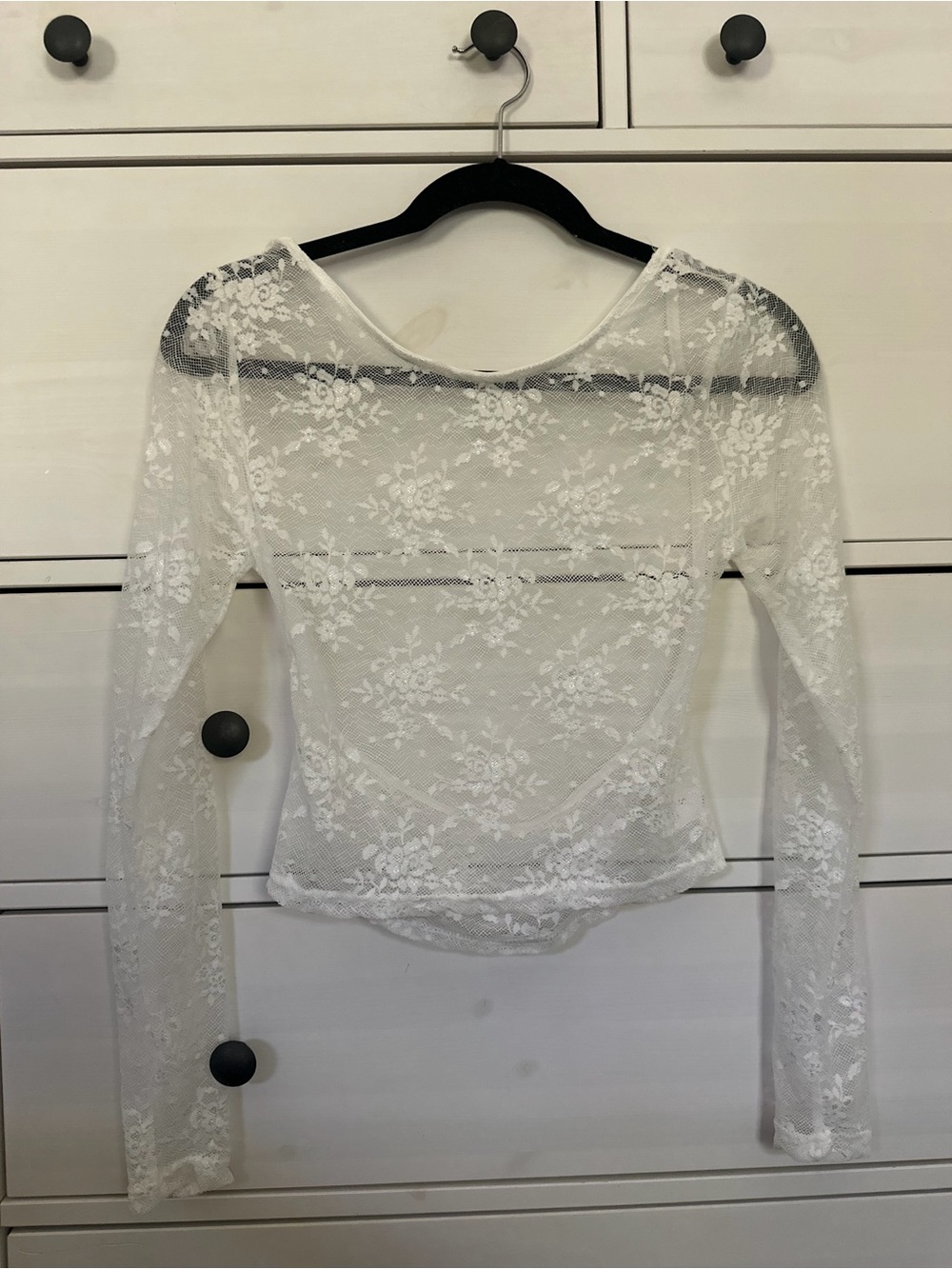 Sheer Floral Lace Long-Sleeve Top - White